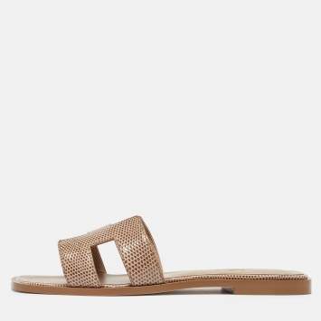 Pre Owned Hermès Beige Shiny Lizard Oran Flat Slides Size 38
