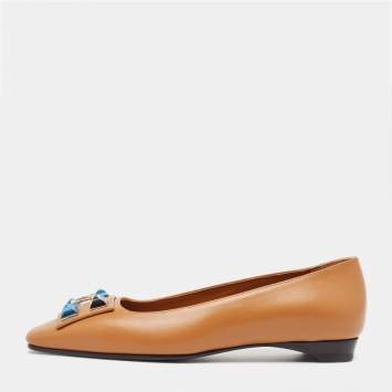Pre Owned Hermes Brown Leather Embellished Ballet Flats Size 37
