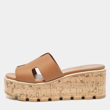 Pre Owned Hermes Brown Leather Eze Platform Sandals Size 38