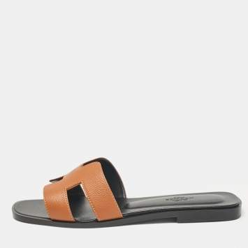 Pre Owned Hermes Brown Leather Oran Flat Slides Size  38