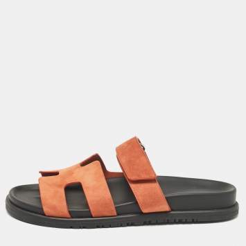 Pre Owned Hermes Orange Suede Chypre  Sandals Size 40.5