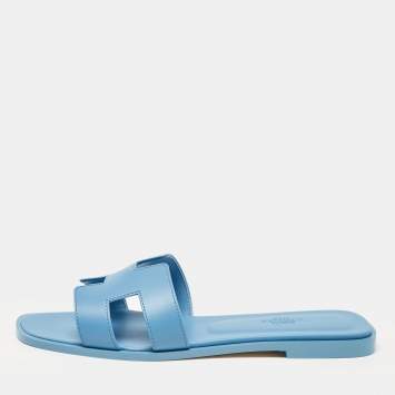 Pre Owned Hermès Blue Leather Oran Slide Flats Size 38.5
