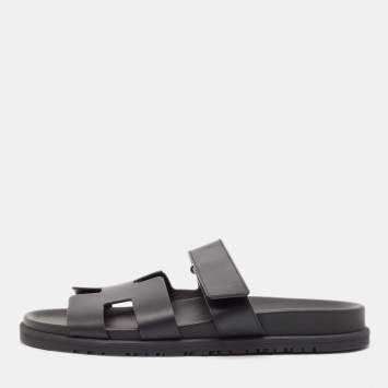 Pre Owned Hermès Black Leather Chypre Flat Sandals 40.5