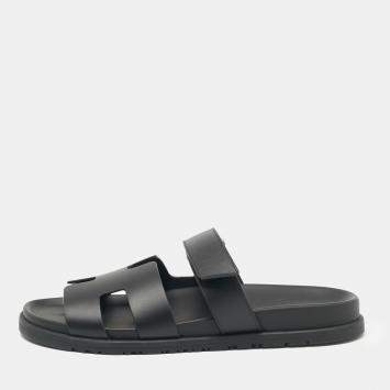 Pre Owned Hermes Black Leather Chypre Sandals Size 42