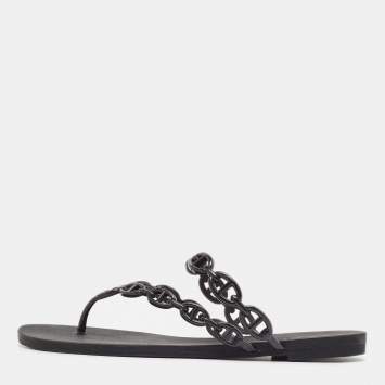 Pre Owned Hermès Black Rubber Chaine d'Ancre Rivage Slide Sandals Size 38