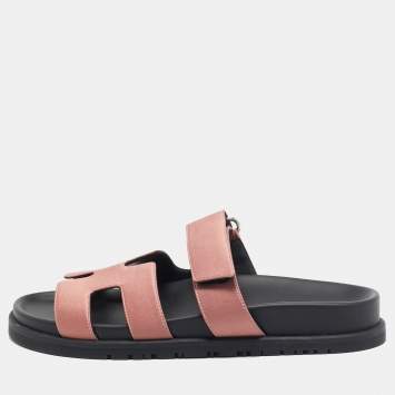 Pre Owned Hermes Pink Satin Chypre Slides Size 36