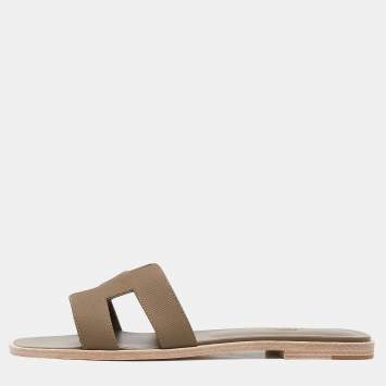 Pre Owned Hermes Brown Leather Oran Flat Slides Size 41