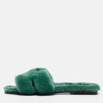 Pre Owned Hermès Green Shearling Fur Oran Flat Slides Size 39