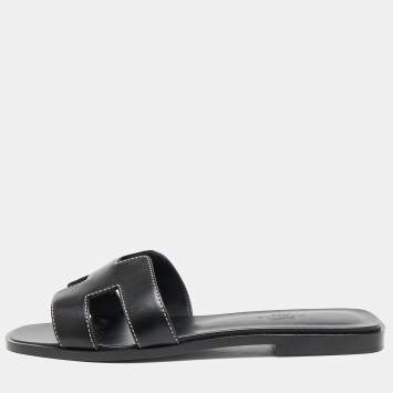 Pre Owned Hermes Black Leather Oran Flat Slide Sandals Size 38