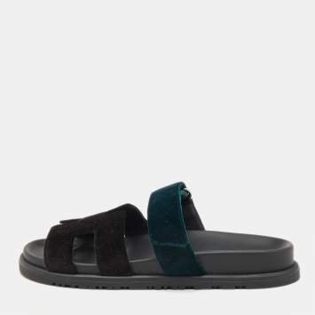 Pre Owned Hermes Black/Green Velvet Chypre Sandals Size 37