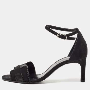 Pre Owned Hermes Black Suede Crystal Embellished Premiere Sandals Size 36.5