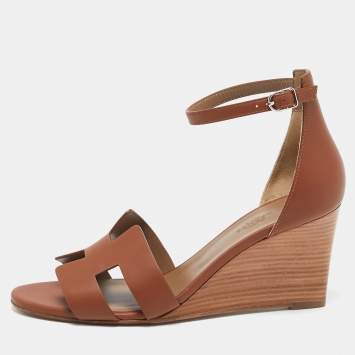 Pre Owned Hermes Brown Leather Legend Wedge Sandals Size 39