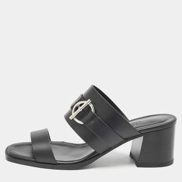 Pre Owned Hermes Black Leather Kute Slide Sandals Size 39
