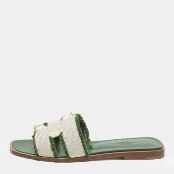 Pre Owned Hermes Beige/Green Fringe Canvas Oran Flat Slide Sandals Size 37