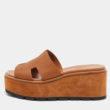 Pre Owned Hermes Brown Leather Eze Platform Cork Wedge Sandals Size 37