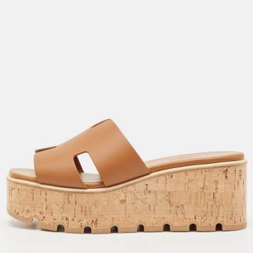 Pre Owned Hermes Brown Leather Eze Platform Cork Wedge Sandals Size 38