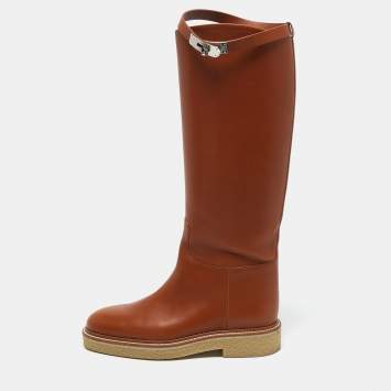 Pre Owned Hermes Brown Leather Kelly Jumping Knee Length Boots Size 38