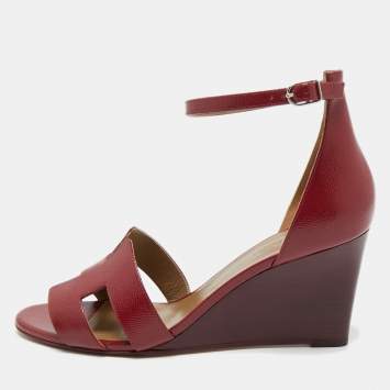 Pre Owned Hermes Burgundy Patent Leather Legend Wedge Sandals Size 42