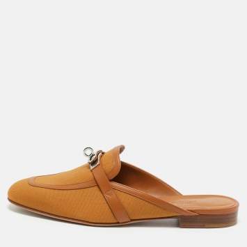 Pre Owned Hermès Brown Fabric and Leather Oz Mules Size 39