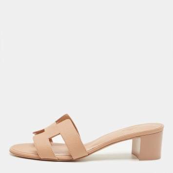 Pre Owned Hermes Beige Leather Oasis Slide Sandals Size 37.5