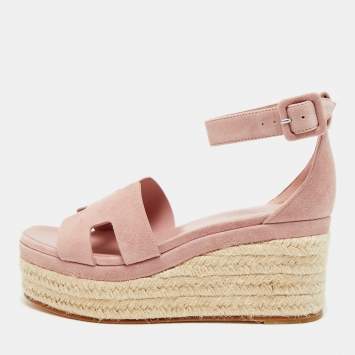 Pre Owned Hermes Elda Size 38 Pink Suede Ankle Strap Espadrille Sandals