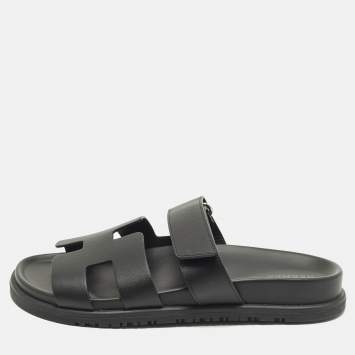 Pre Owned Hermes Chypre Size 38 Black Leather Slide Slide