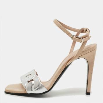 مملوكة مسبقًا Hermès Gala 105 Size 38 Silver Leather and Suede Ankle Strap Sandals