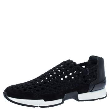 Pre Owned Hermes Black Braided Silk Oxygene Slip On Sneakers Size 37.5