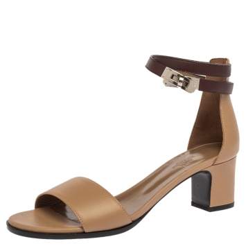 Pre Owned Hermes Brown Leather Manege Ankle Wrap Sandals Size 39