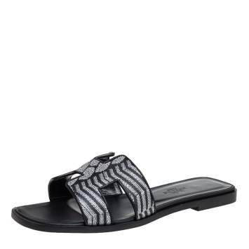 Pre Owned Hermes Black/Silver Embroidered Leather Oran Flat Slides Size 37