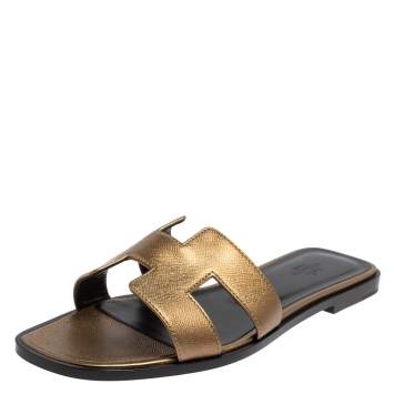 Pre Owned Hermes Gold Leather Oran Flats Size 39