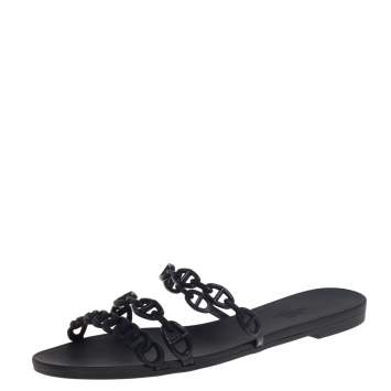 Pre Owned Hermes Black Rubber Chain Slide Sandals Size 39
