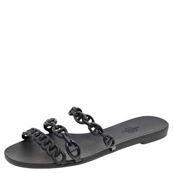 Pre Owned Hermes Black Rubber D'ancre Chaine Rivage Flat Sandals Size 36