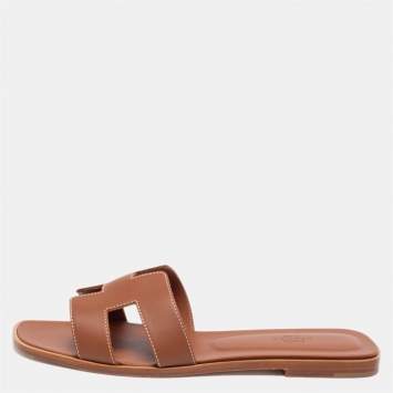 Pre Owned Hermes Brown Leather Oran Flat Slides Size 41