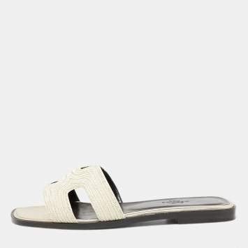 Pre Owned Hermes Beige Fabric Oran Dabka Embroidery Flat Slides Size 37