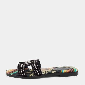 Pre Owned Hermes  Black Suede Studded Oran Sandals Size 37.5