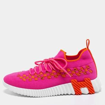 Pre Owned Hermes Pink/Orange Knit Fabric Flex Low Top Sneakers Size 39.5