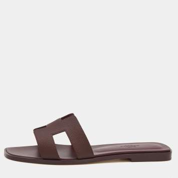 Pre Owned Hermés Bordeaux Epsom Leather Oran Slide Sandals Size 38