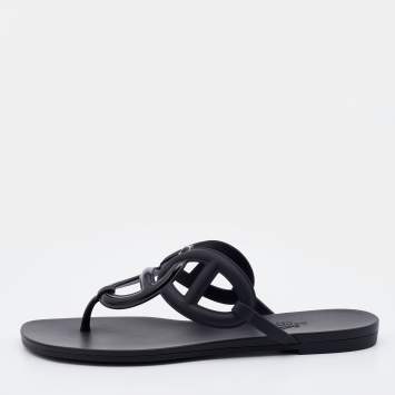 Pre Owned Hermes Black Rubber Chaine d'Ancre Thong Flat Slides Size 39