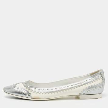 Pre Owned Hermes Silver/White Fabric And Leather Wingtip Brogue Flats Size 39