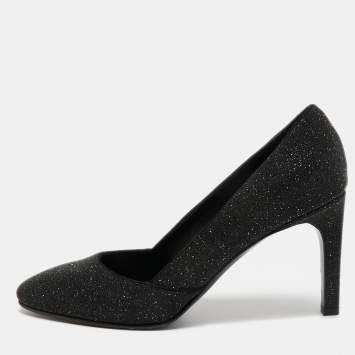 Pre Owned Hermes Black Glitter Round Toe Pumps Size 39.5
