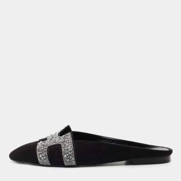 Pre Owned Hermes Black Suede Studded Roxane Mule Size 37