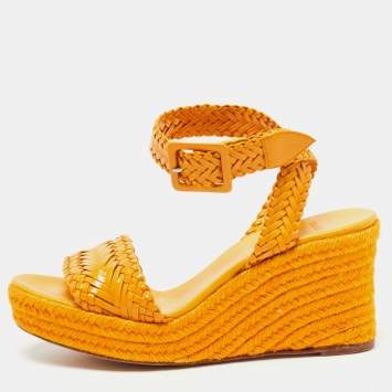 Pre Owned Hermes Light Orange Woven Patent Leather Sophia Espadrille Wedge Sandals Size 41