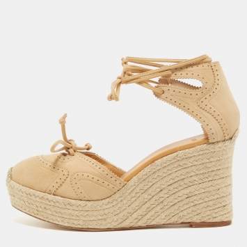 Pre Owned Hermes Beige Suede Espadrille Wedge Platform Ankle Tie Sandals Size 39