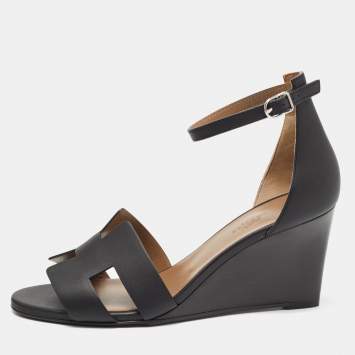 Pre Owned Hermes Black Leather Legend Wedge Ankle Strap Sandals Size 38