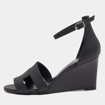Pre Owned Hermes Black Leather Legend Ankle Strap Sandals Size 37