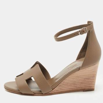 Pre Owned Hermes Brown Leather Legend Wedge Sandals Size 37
