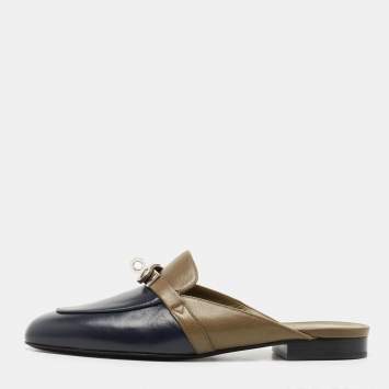 Pre Owned Hermes Navy Blue/Olive Green Leather Oz Flat Mules Size 37