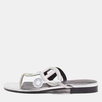Pre Owned Hermes Metallic Grey Laminated Suede Beach Flat Slides Size 37