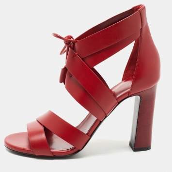 Pre Owned Hermes Red Leather Ankle Strap Sandals Size 38